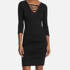 Velvet by Graham & Spencer Odessa Lace-UP Ruched 3/4 Sleeve Dress, Black Size M